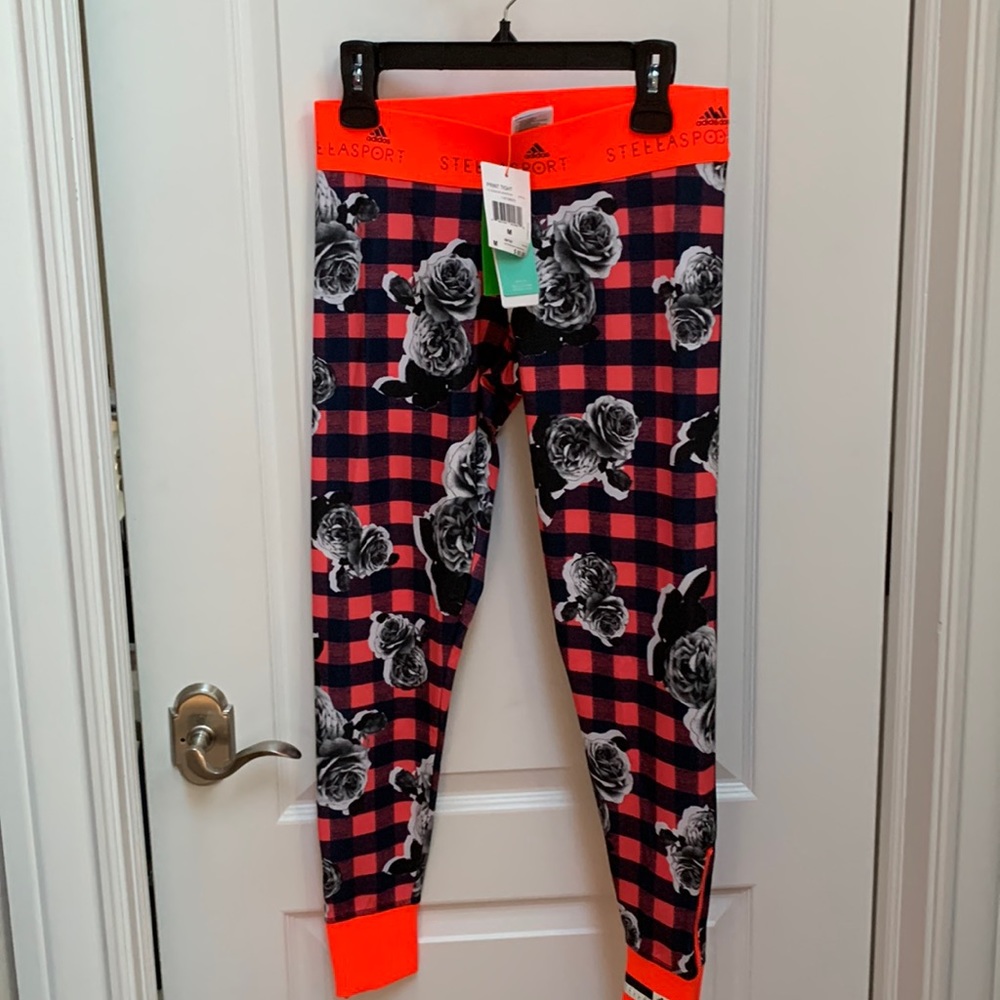 Stella McCartney🖤 Adidas Neon Orange Blue 🌹 Plaid Flower Legging Jog Yoga Pant